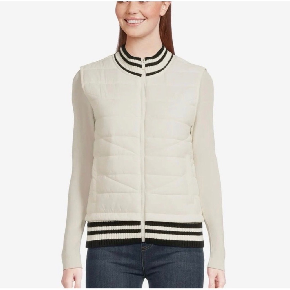 Liverpool Los Angeles Cream Quilted Puffer Vest Striped Trim Size M NEW